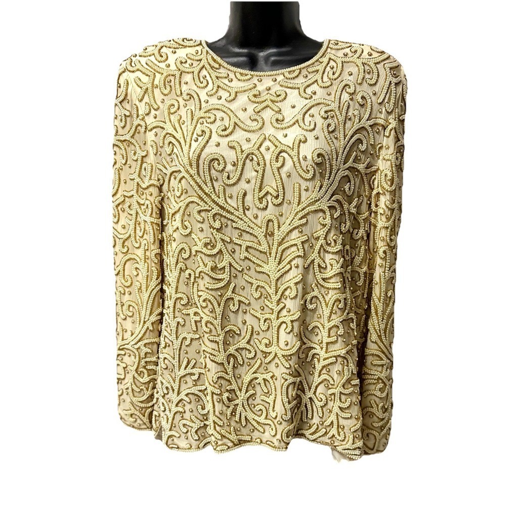 Vintage 80s Beaded Sequin Embellished Top Womens L Silk Party Glam Deadstock NWT